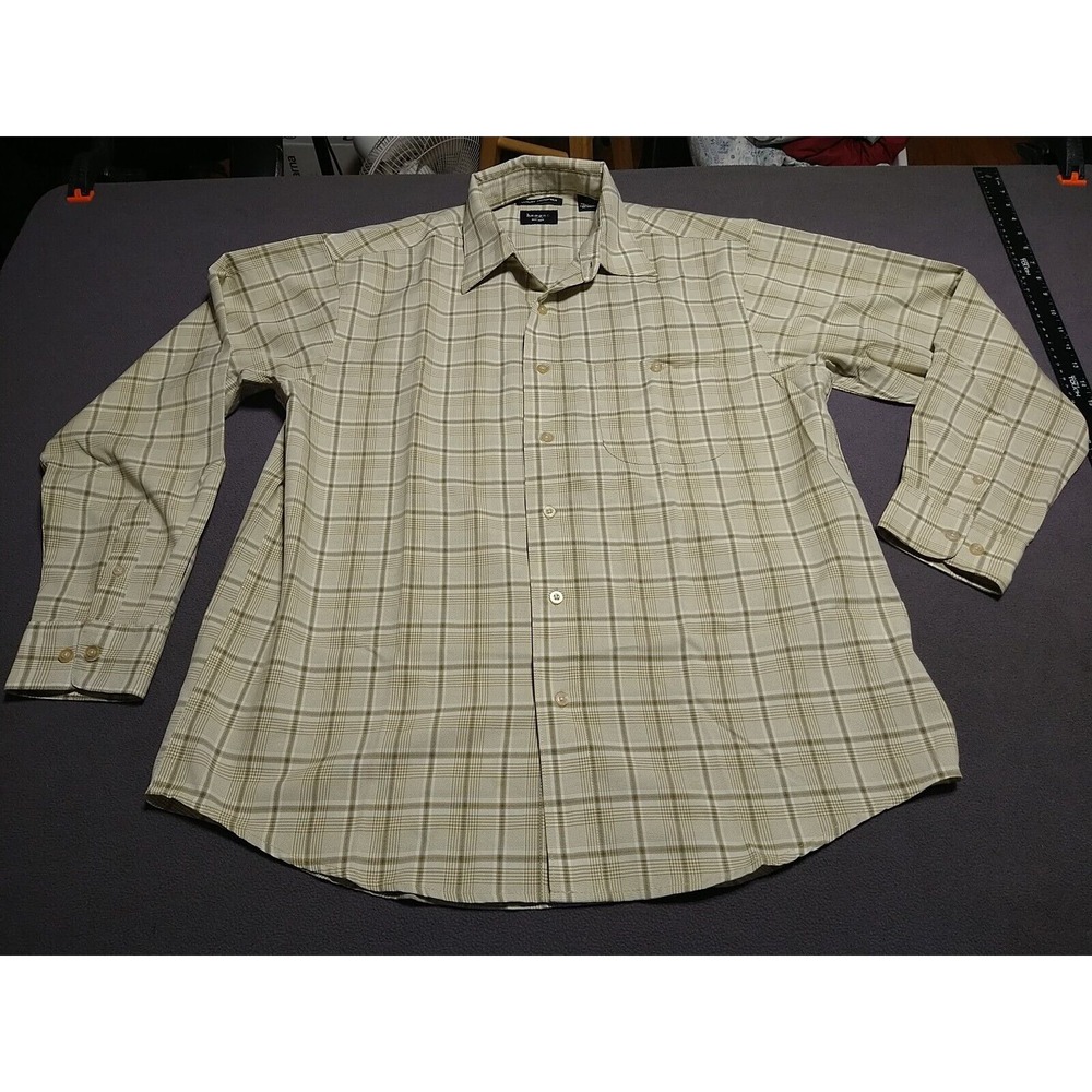 Haggar‎ Shirt Men L Beige Plaid Short Sleeve Button Up Dad Luxury Microfiber
